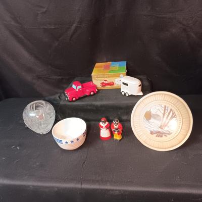 2 SETS OF SHAKERS, TIN FLUE COVER, CRYSTAL VASE AND CLAY BOWL
