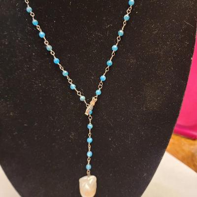 15mm cultured pearl necklace with blue apatite strand.