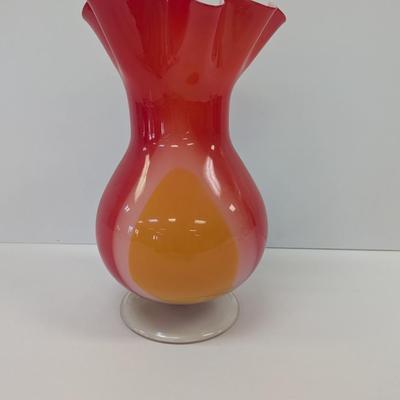 Approx 13 3/4" Glass Flower Art Vase Crimped Ruffle Rim #56