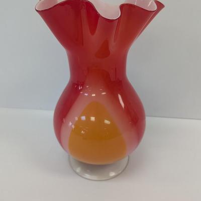 Approx 13 3/4" Glass Flower Art Vase Crimped Ruffle Rim #56