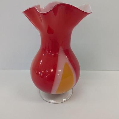 Approx 13 3/4" Glass Flower Art Vase Crimped Ruffle Rim #56