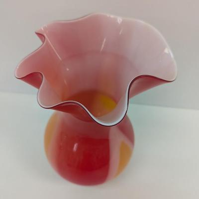 Approx 13 3/4" Glass Flower Art Vase Crimped Ruffle Rim #56