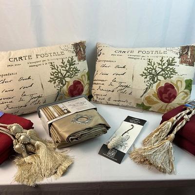 Lot F 300 Pair of Throw Pillows Three Burgundy Curtain Panels Gold Curtain Panel