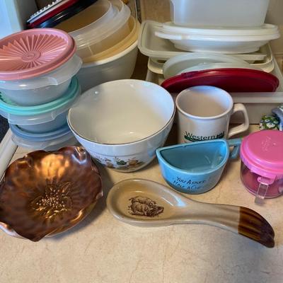 Tupperware with miscellaneous kitchen items