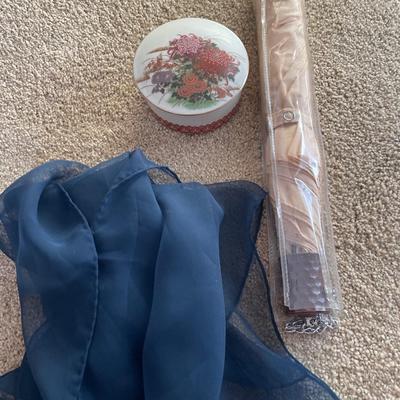 Trinket box, umbrella, and scarf