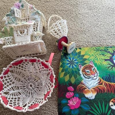 Crocheted, birdhouse and basket with small Asian prints