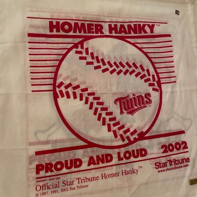 Twins and Redhawks hats and bats and 2002 Homer Hanky
