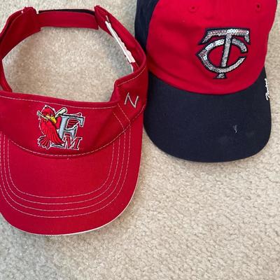 Twins and Redhawks hats and bats and 2002 Homer Hanky