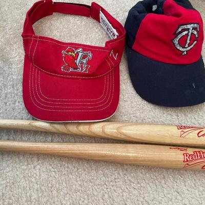 Twins and Redhawks hats and bats and 2002 Homer Hanky
