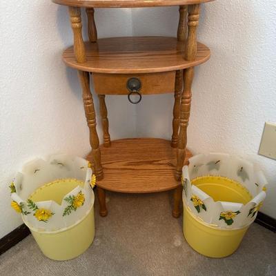 Vintage Corner end table stand with 3 homemade garbage cans