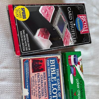 Bible lotto game with poker chips and card shuffler