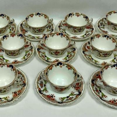 Lot of (12) DOUBLE-HANDEL CUP & SAUCER SET - Antique John Maddock and Son Royal Vitreous, English Transfer ware, Majestic Pattern 1875