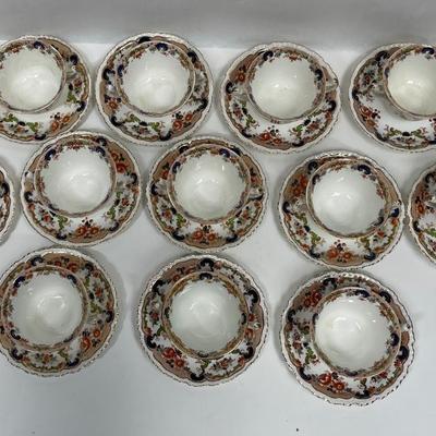 Lot of (12) DOUBLE-HANDEL CUP & SAUCER SET - Antique John Maddock and Son Royal Vitreous, English Transfer ware, Majestic Pattern 1875