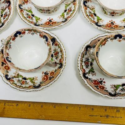 Lot of (12) DOUBLE-HANDEL CUP & SAUCER SET - Antique John Maddock and Son Royal Vitreous, English Transfer ware, Majestic Pattern 1875