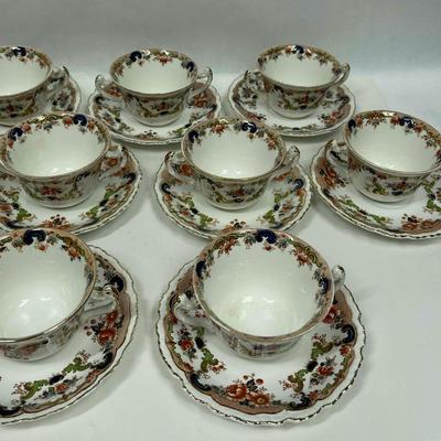 Lot of (12) DOUBLE-HANDEL CUP & SAUCER SET - Antique John Maddock and Son Royal Vitreous, English Transfer ware, Majestic Pattern 1875
