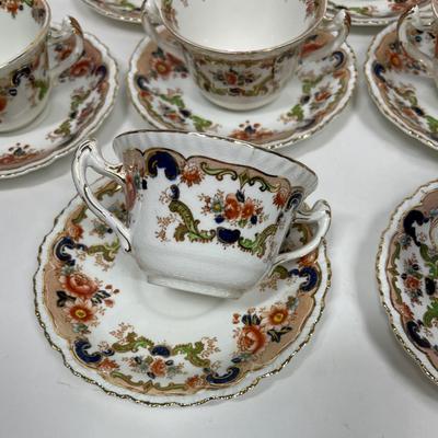 Lot of (12) DOUBLE-HANDEL CUP & SAUCER SET - Antique John Maddock and Son Royal Vitreous, English Transfer ware, Majestic Pattern 1875