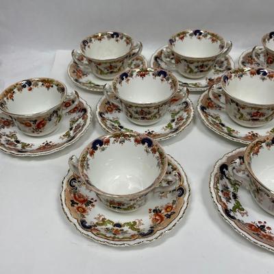 Lot of (12) DOUBLE-HANDEL CUP & SAUCER SET - Antique John Maddock and Son Royal Vitreous, English Transfer ware, Majestic Pattern 1875