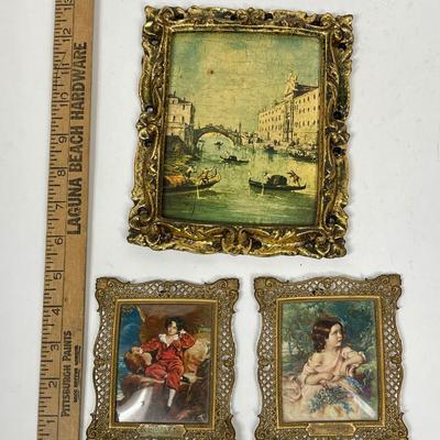 3 Small Prints in Brass Rococo Frames