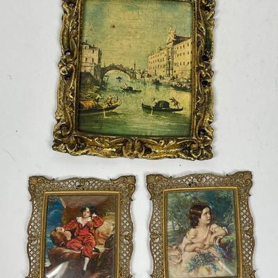 3 Small Prints in Brass Rococo Frames