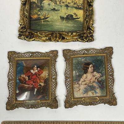 3 Small Prints in Brass Rococo Frames