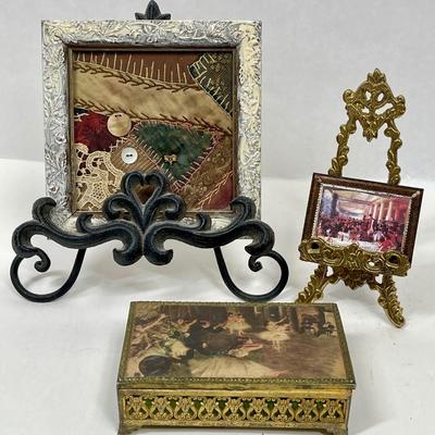 Filigree Jewelry Music Box with 2 Cast Easels with tiny print and framed quilt piece