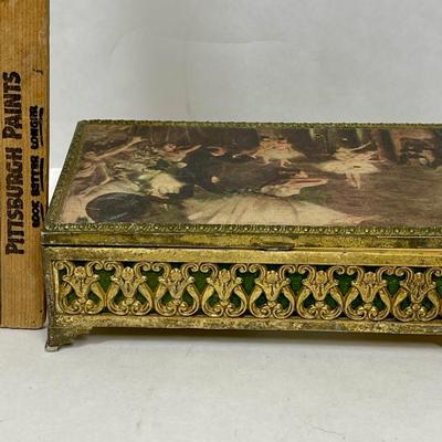 Filigree Jewelry Music Box with 2 Cast Easels with tiny print and framed quilt piece