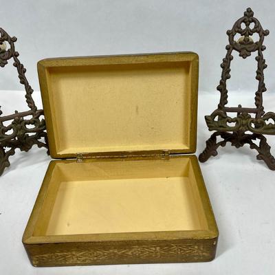 Angel Trinket Jewelry Box plus 2 vintage Cast Brass Easel Artwork Display Stands