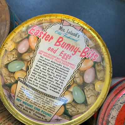 Antique Tins Lot Weikert Lard Log Cabin Syrup Leland’s Easter Eggs +++