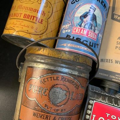 Antique Tins Lot Weikert Lard Log Cabin Syrup Leland’s Easter Eggs +++
