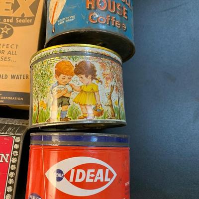 Antique Tins Lot Weikert Lard Log Cabin Syrup Leland’s Easter Eggs +++