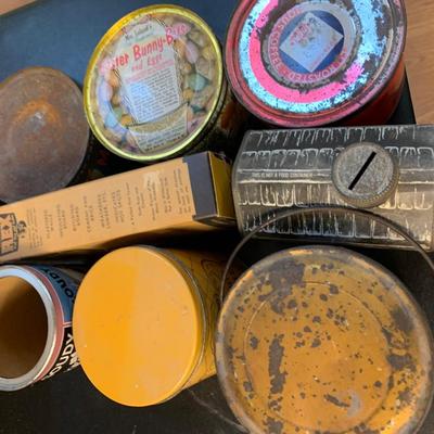 Antique Tins Lot Weikert Lard Log Cabin Syrup Leland’s Easter Eggs +++