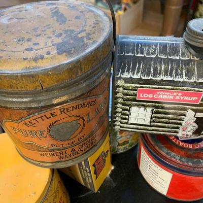 Antique Tins Lot Weikert Lard Log Cabin Syrup Leland’s Easter Eggs +++