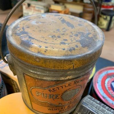 Antique Tins Lot Weikert Lard Log Cabin Syrup Leland’s Easter Eggs +++