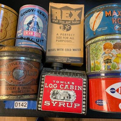 Antique Tins Lot Weikert Lard Log Cabin Syrup Leland’s Easter Eggs +++