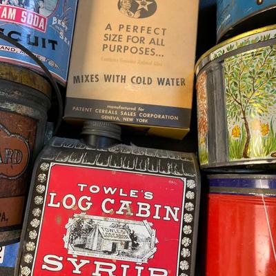 Antique Tins Lot Weikert Lard Log Cabin Syrup Leland’s Easter Eggs +++