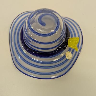 Block Mouth Blown Crystal Hand Polished Blue Swirl Hat Candy Bowl Yellow Flower #69