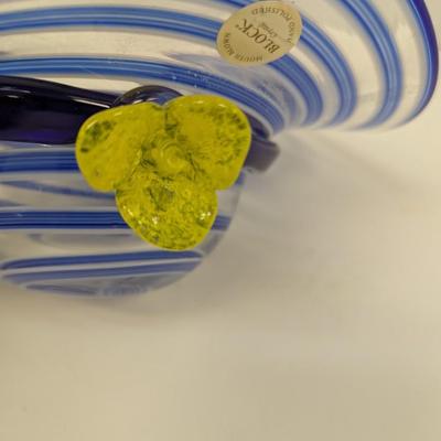 Block Mouth Blown Crystal Hand Polished Blue Swirl Hat Candy Bowl Yellow Flower #69