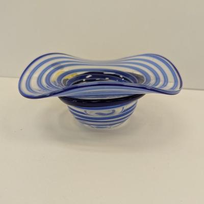 Block Mouth Blown Crystal Hand Polished Blue Swirl Hat Candy Bowl Yellow Flower #69