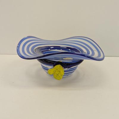 Block Mouth Blown Crystal Hand Polished Blue Swirl Hat Candy Bowl Yellow Flower #69