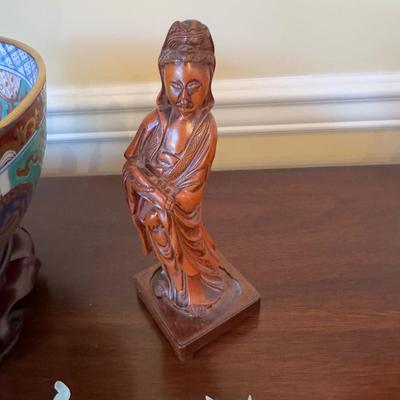 Sale Photo Thumbnail #194: bowl is 10" in diameter on Chinese wooden stand , and carved asian woman figure, with two jade carved elephants