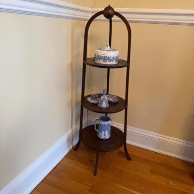 362 Vintage Mahogany Muffin Stand with Wedgwood Jasperware & Queensware