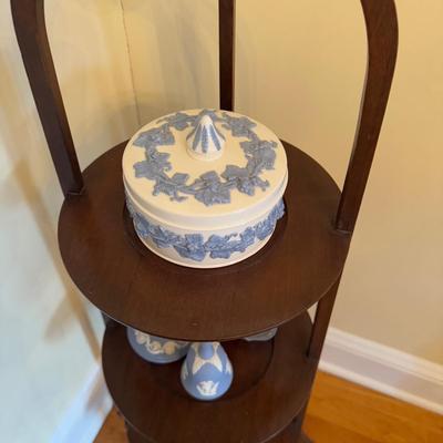 362 Vintage Mahogany Muffin Stand with Wedgwood Jasperware & Queensware