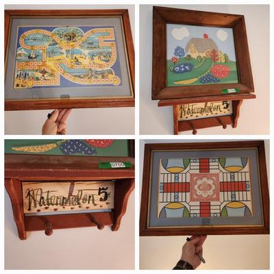 Lot of 3 Framed Art - Vintage Board Games / Stitch work and Coat Holder