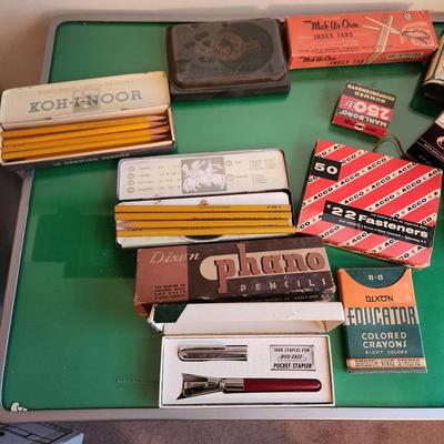 Large Collectible Lot Crayola, duo fast pocket stapler, Dixon Koh-I-Noor A.W. Faber pencils, Mini Pepsi Coke Bottles & More