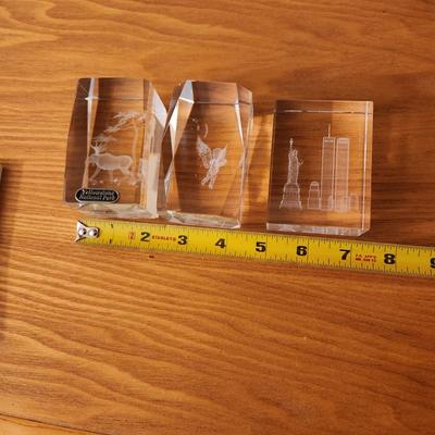 3 Laser Cut Etched Acrylic Paper weights , Yellowstone, New York City Twin Towers, Angle