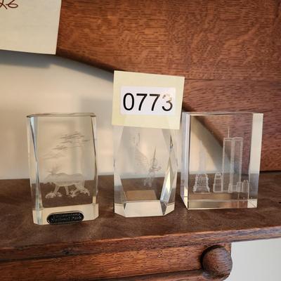 3 Laser Cut Etched Acrylic Paper weights , Yellowstone, New York City Twin Towers, Angle