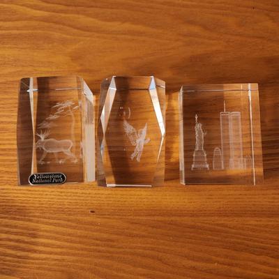 3 Laser Cut Etched Acrylic Paper weights , Yellowstone, New York City Twin Towers, Angle