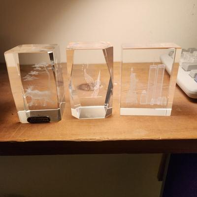 3 Laser Cut Etched Acrylic Paper weights , Yellowstone, New York City Twin Towers, Angle