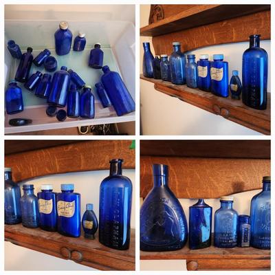 Large Collection of Cobalt Blue Apothecary Bottles Poison, J W Clapham Evening in Paris (1 of 2)