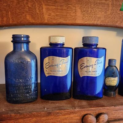 Large Collection of Cobalt Blue Apothecary Bottles Poison, J W Clapham Evening in Paris (1 of 2)